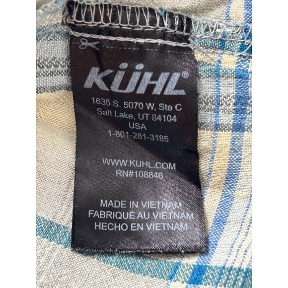 Kuhl Shirt Mens Large Short Sleeve Button Up Blue Plaid Linen Cotton Outdoors - Picture 11 of 12